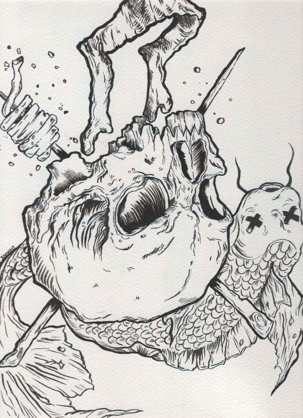 Ink illustration of a skull with koi scale hair, crossed marker pens, and X-marked eyes on a smaller companion skull