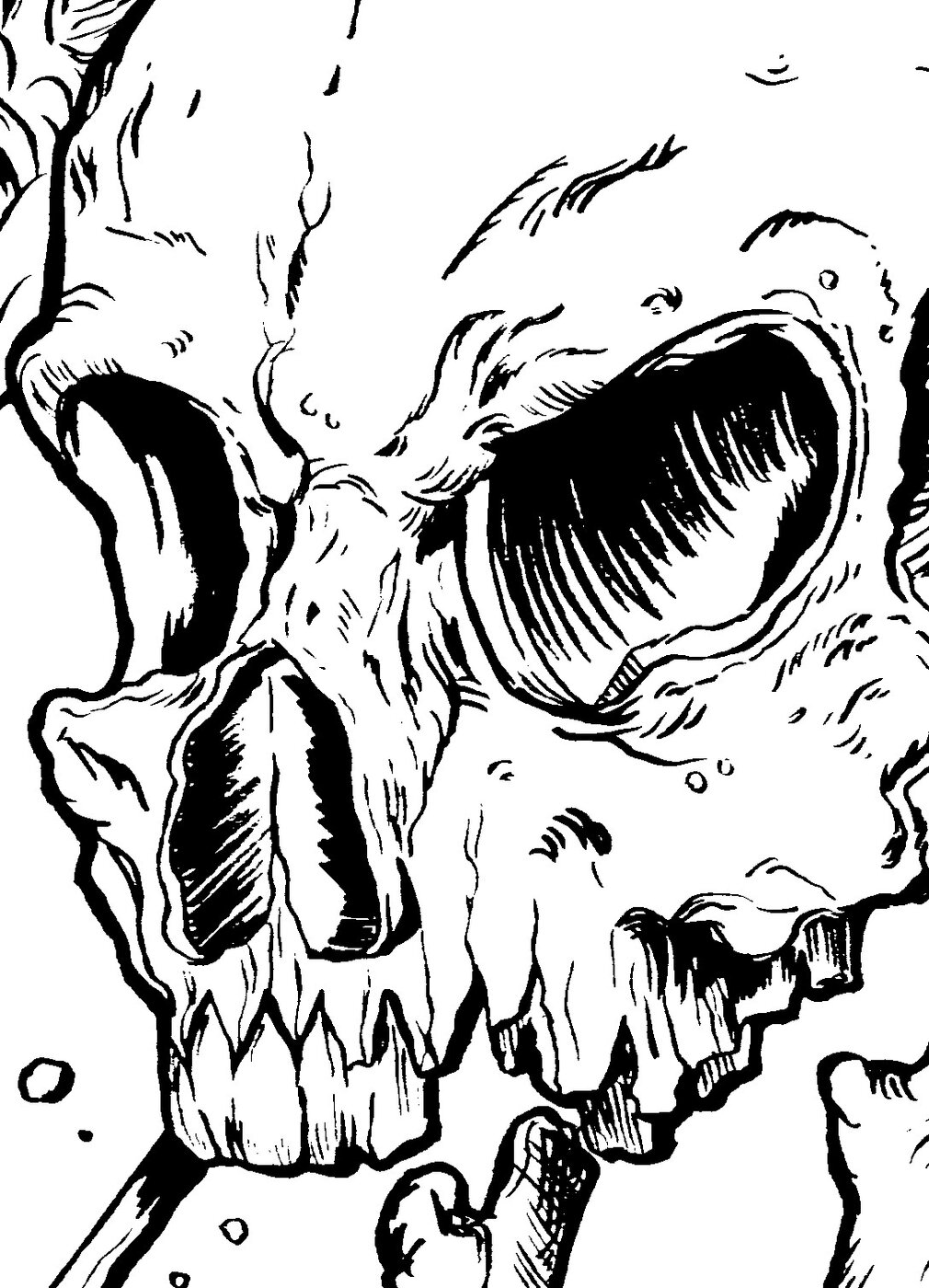 Close-up ink illustration of a skull's eye socket and jaw detail